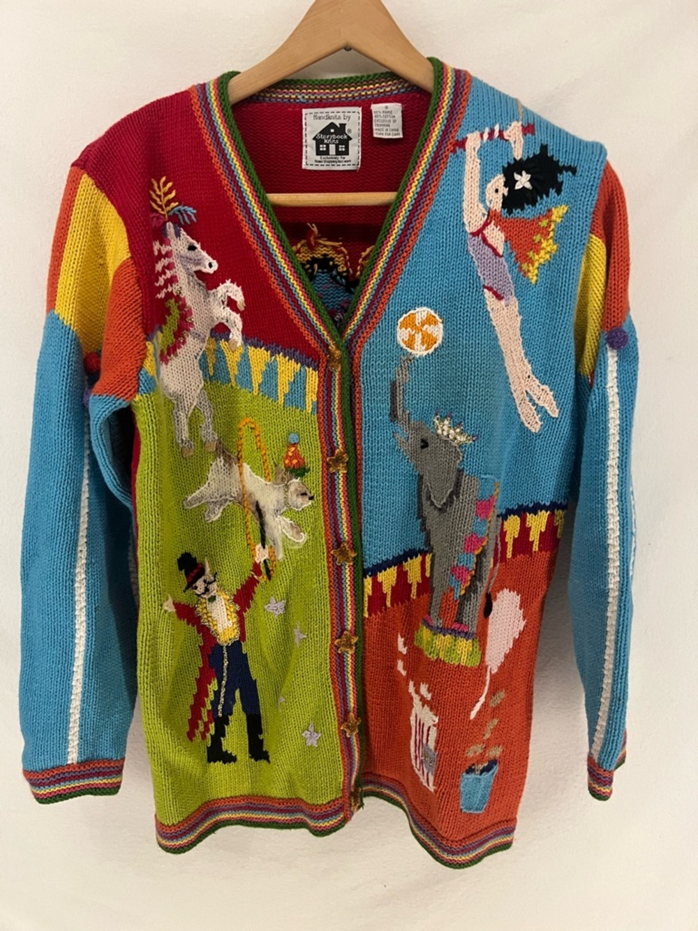 VTG Storybook Knits Circus Clown Elephant Cardigan Sweater Teacher Whimsy Sz S